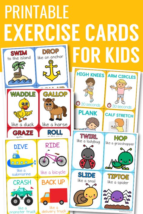 Exercise Cards for Kids - Homeschool Share Exercise Unit For Preschool, Prek Exercise Study, Yoga Preschool, Exercise Cards For Kids, Exercise Cards Printable, Preschool Exercise Activities, Animal Movement Cards Free Printable, Barnyard Classroom, Yoga Cards For Kids Printable Free