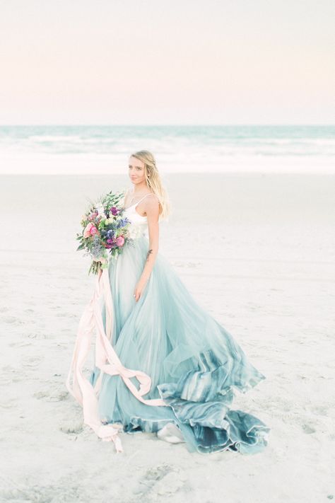 Mermaid Inspired Wedding, Renewal Vows, Wedding Mermaid, Bohemian Beach Wedding Dress, Blue Beach Wedding, Blue Wedding Dress, Magenta Wedding, Simple Wedding Gowns, Sea Dress