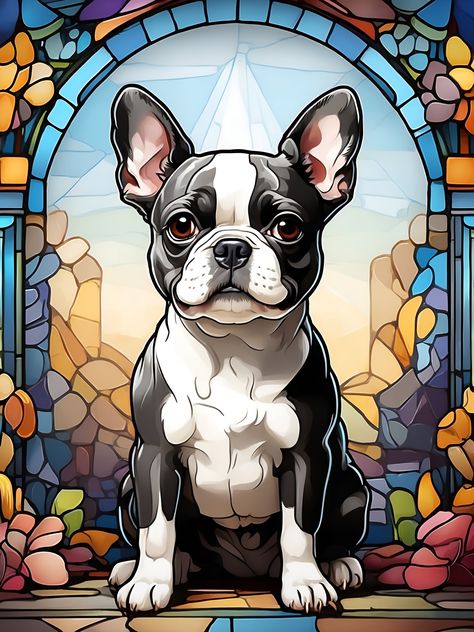 portrait of a majestic boston terrier, stained glass background Posters and Art Prints Boston Terrier Wallpaper, Boston Terrier Drawing, Boston Terrier Painting, Stained Glass Background, Boston Terrier Illustration, Watercolor Dogs, French Dog, Boston Terrier Art, Tarot Tattoo