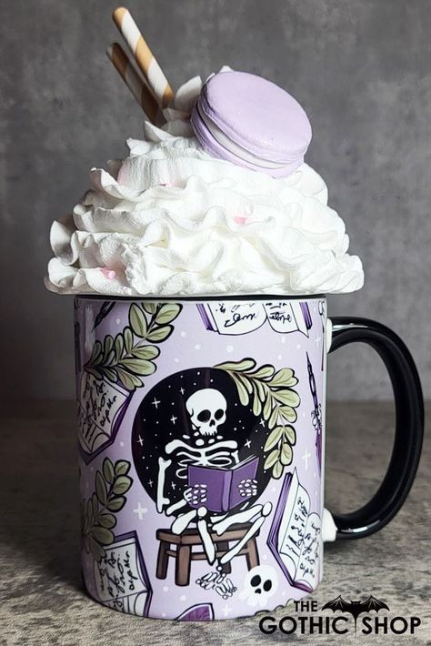 Gothic Mug, Skeleton Reading, Halloween Gift Ideas, Party Display, Sublimacion Ideas, Purple Gothic, Lilac Background, Black Items, Background High Quality