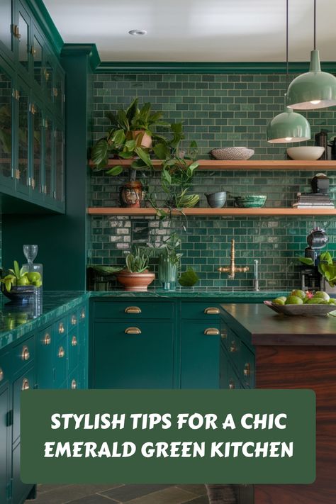 Emerald green kitchen with plants and elegant lighting. Bright Moody Kitchen, Dark Green Lower Cabinets White Upper, All Green Kitchen, Dark Green Modern Kitchen, Dark Green Kitchen Cabinets Modern, Dark Green Walls Kitchen, Dark Sage Green Kitchen, Green Moody Kitchen, Black And Green Kitchen Ideas