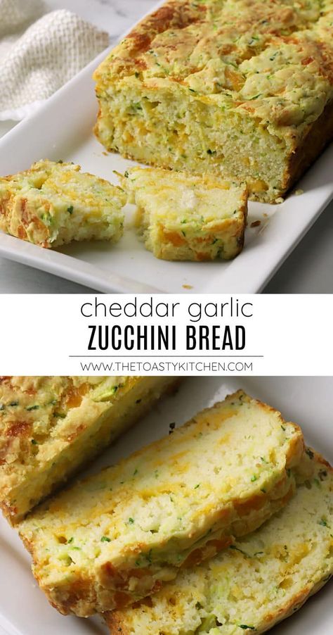 Cheddar garlic zucchini bread recipe by The Toasty Kitchen. Cheddar zucchini bread is the perfect recipe to use up that extra garden zucchini! This tender quick bread is filled with shredded zucchini, cheddar cheese, garlic, and chives. Best served warm with butter. So good, you'll be going back for seconds! #zucchini #zucchinibread #garlicbread #cheddarzucchinibread #cheesy #cheese #cheesybread #quickbread #zucchinirecipe #bread #recipe #homemade Shredded Zucchini Recipes, Savory Zucchini Bread, Cheesy Snacks, Zucchini Cheddar, Cheese Zucchini, Garlic Zucchini, Garden Zucchini, Squash Bread, Zucchini Recipes Dessert