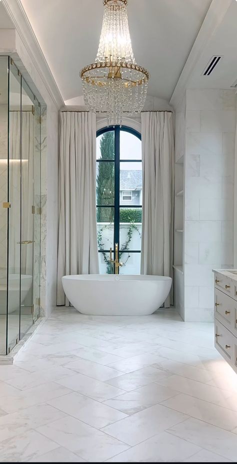 Master Bath With Patio Door, Tub In Front Of Shower Wall Master Bath, Dream Bathrooms Luxury Master Bath, Master Bath Cabinets, Marble Master Bath, Master Bath Layout, Luxury Master Bath, Elegant Staircase, Dream Bathrooms Luxury