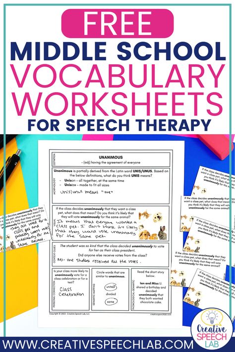 This free middle school vocabulary worksheet is a sample of a larger resource which includes 30 tier 2 vocabulary words that are perfect for older speech therapy students. Use these as part of your speech therapy sessions in order to help students learn word meanings and build their vocabulary. Free Slp Resources, High School Vocabulary Activities, Middle School Speech Therapy, Tier 2 Vocabulary Words, Vocabulary Words Activities, High School Vocabulary, Middle School Vocabulary, Speech Therapy Free, Speech Therapy Themes