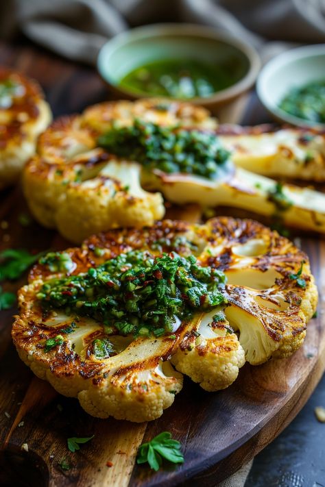 Grilled cauliflower steaks topped with green herb sauce on a wooden board. Cauliflower Steaks With Chimichurri, Chimichurri Vegetarian, Cauliflower Chimichurri, Cauliflower Steak Recipes, Cauliflower Steaks Roasted, Chimichurri Cauliflower, Steak Side Dish, Veggie Steak, Steaks Recipes