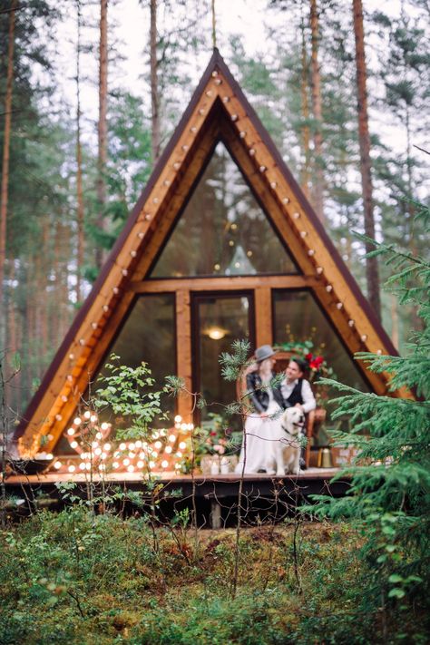 a frame wedding cabin #wedding #weddingday #cabinwedding #outdoorwedding #reception #florals #sayido #weddinginspo A Frame Cabin Wedding, Cabin Micro Wedding, A Frame Wedding, Cabin Wedding Photography, Wedding Cabin, Redwood Forest Wedding Elopements, Magical Spaces, Cabin In The Woods Creepy, Wedding Nature