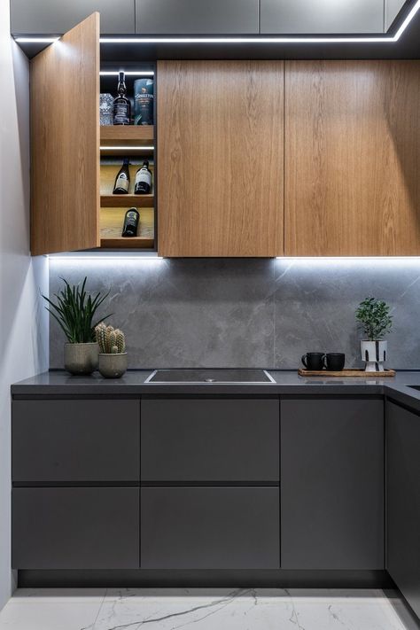 Wood Kitchen Ideas Modern, Dark Grey And Wood Kitchen, Kitchen Ideas U Shaped, Small Kitchen Ideas Layout 8x8, Small Kitchen Ideas Modern Simple, Grey And Wood Kitchen, Simple Small Kitchen Ideas, Kitchen Pendant Lights Over Island, Small Kitchen Ideas Layout