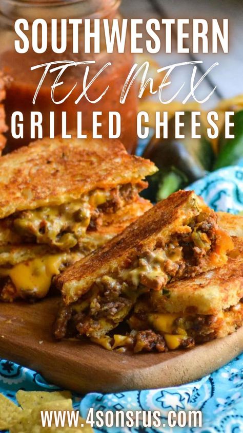 Southwestern Tex Mex Grilled Cheese. Tex Mex grilled cheese features ground beef seasoned with all the best southwestern flavors and gooey melted cheese between buttery slices of toasted bread. These sandwiches are a perfect update to the standard and a fun twist for taco night. Visit www.4sonsrus.com for the whole recipe Taco Grilled Cheese Recipes, Texas Toast Cheeseburger, Mexican Grilled Cheese, Ground Beef Grilled Cheese Sandwich, Taco Grilled Cheese Sandwich, Ground Beef Grilled Cheese, Texas Cheesesteak Melt, Texas Toast Sandwich Ideas, Recipes With Texas Toast