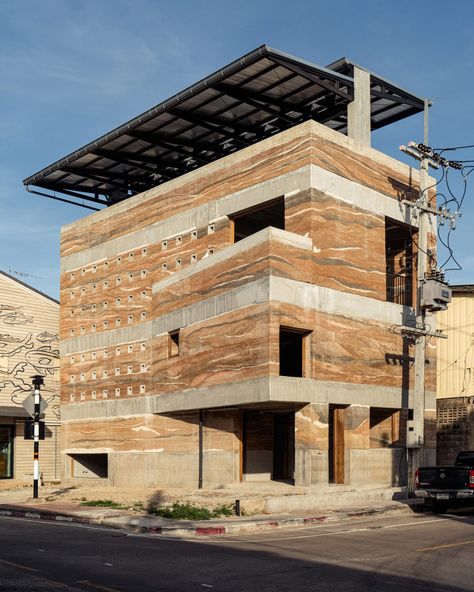 "Shifting shades" of rammed earth define Chonburi Multi-Purpose Building Masonry Architecture, Islamic Culture Art, Sawtooth Roof, Rammed Earth Construction, Community Architecture, Earthen Home, Rammed Earth Homes, Arcology, Observation Tower