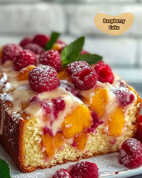 Raspberry Peach Dessert, Peach And Raspberry Recipes, Peach Raspberry Cheesecake, Peach And Blueberry Cake, Juicy Peach Raspberry Cake, Rasberry Lemon Cake, Lemon Loaf Cake Recipe, Raspberry Cake, Fall Cooking