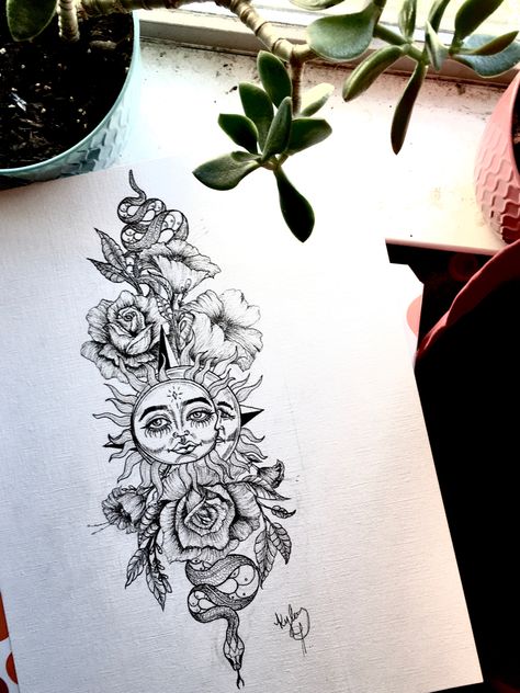 Sun Moon And Snake Tattoo, Snake And Skull Tattoo Feminine, Sun And Moon And Flower Tattoo, Sun Moon Snake Tattoo, Snake And Mushroom Tattoo, Snake Forearm Tattoo Women, Lilly Flower Tattoo, Divine Feminine Tattoo, Forearm Cover Up Tattoos