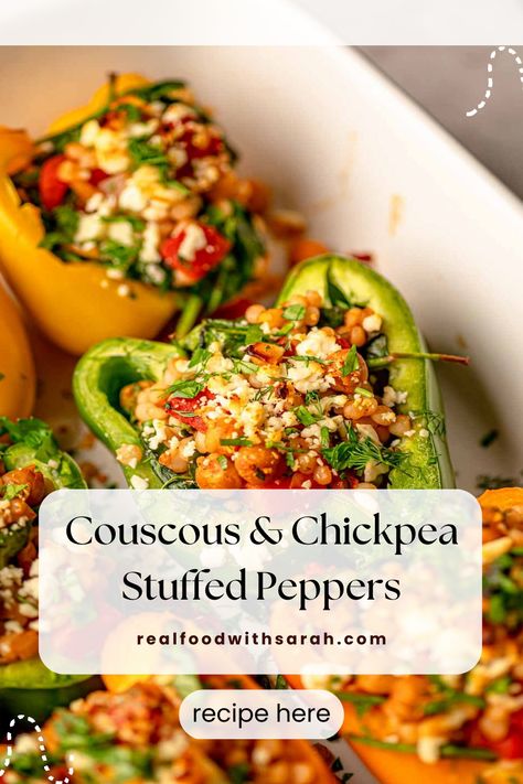 Vegetarian Pearl Couscous Recipes, Stuffed Peppers Couscous, Stuffed Bell Peppers Couscous, Stuffed Peppers With Couscous, Couscous Meal Prep, Couscous Stuffed Peppers, Pearl Couscous Recipes, Feta Stuffed Peppers, Nourish Bowls