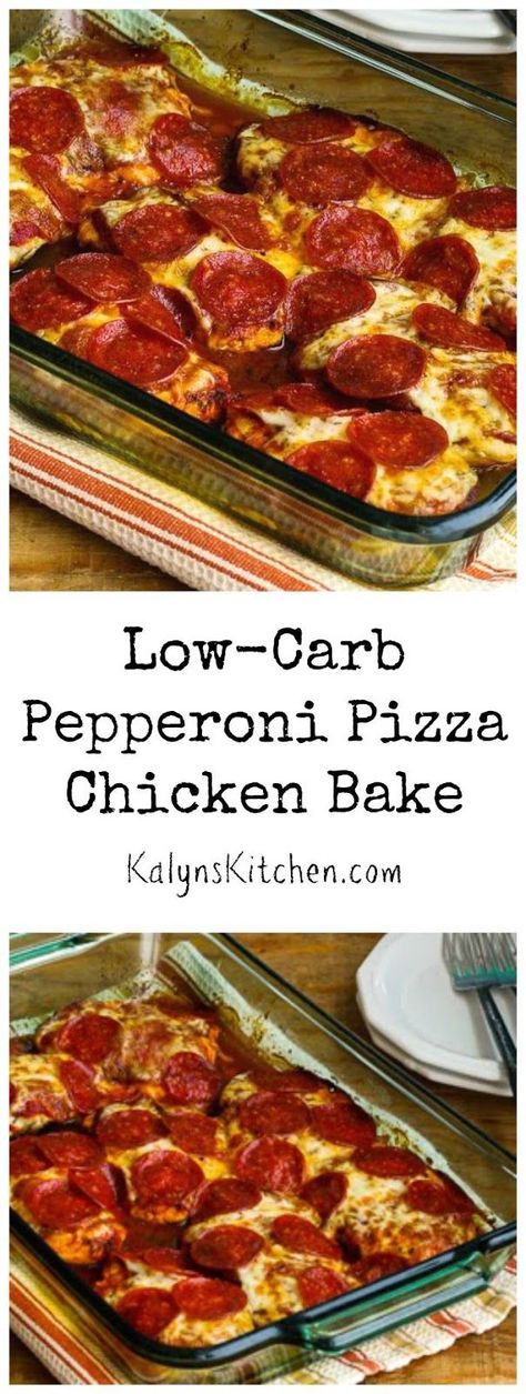 This Low-Carb Pepperoni Pizza Chicken Bake is a dinner the whole family will enjoy!  (Gluten-Free) [found on KalynsKitchen.com] Pepperoni Pizza Chicken, Pizza Chicken Bake, Pizza Chicken, Quick Diet, Pizza Margherita, Chicken Bake, Low Carb Diets, Carb Free, Low Carb Eating