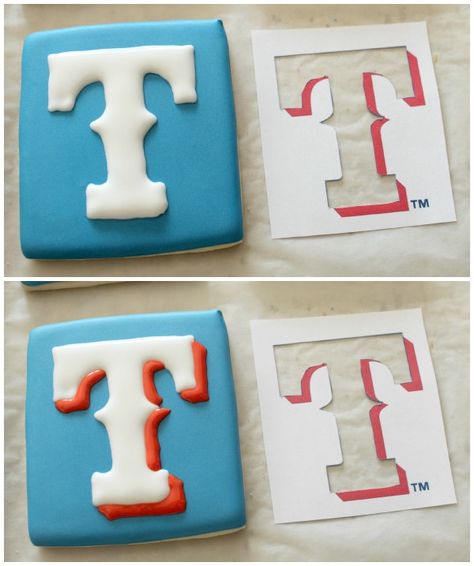 Texas Rangers Cookies, Texas Cookies, Sport Cookies, Dream Reception, Sugarbelle Cookies, Ranger Cookies, Texas Rangers Logo, Baseball Cookies, Arch Nemesis