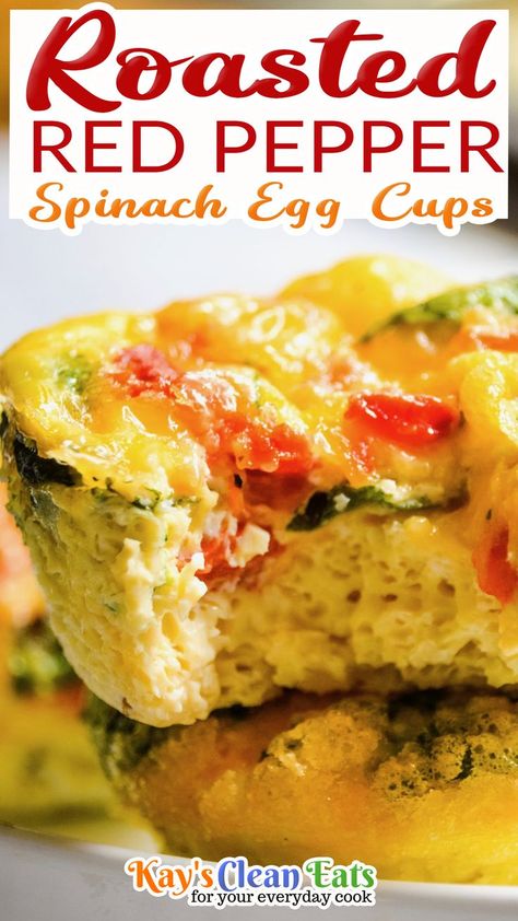 Roasted Red Pepper & Spinach Egg Cups are the perfect grab and go breakfast and snack. Full of protein these low carb cups make meal prep a breeze! Nothing I love more than an easy grab and go meal. Especially in the mornings, I never feel like cooking in the mornings. These are so easy to reheat and taste amazing. There just is not enough time for cooking but I still want everyone to have a healthy breakfast! | @kayscleaneats Spinach Egg Cups, Eggs In Peppers, Spinach Egg, Clean Eating For Beginners, Grab And Go Breakfast, Healthy Breakfast Recipes Easy, Roasted Red Pepper, Breakfast Meal Prep, Easy Healthy Breakfast