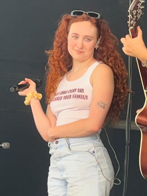 chappell roan during soundcheck in rogers, AK at walmart AMP for the fall 2024 ‘midwest princess’ tour. (via avakthomas on ig)  october 2nd, 2024 Chappell Roan Stage Outfit, Chapelle Roan Aesthetic, Casual Chappell Roan, Girly Pop Aesthetic, Chapel Roan, Chapelle Roan, Chapell Roan, Chappel Roan, Colleen Ballinger