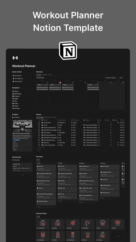 #Organisation #Gym_Notion #Notion_Workout_Template #Workout_Planner_Template Notion Workout Template, Workout Planner Template, Study Planner Free, Notion Workspace, Gym Planner, Notion Ideas, Workout Template, Life Planner Organization, Second Brain