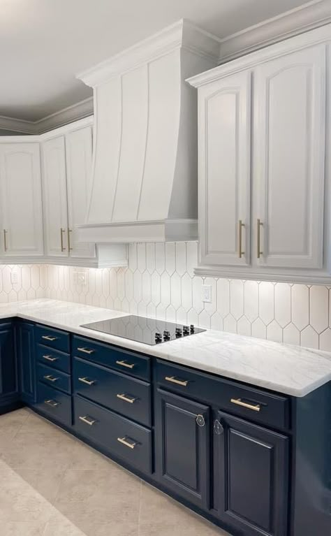 Navy Cabinets With Silver Hardware, Multi Colour Kitchen, Navel Blue Kitchen Cabinets, Gray Floors With Brown Cabinets, Blue Lowers White Upper Cabinets, White Kitchen Cabinets With Navy Backsplash, Slate Blue Kitchen Cabinets Black Counter, Blue And Gray Kitchen Decor Ideas, Gray And Blue Kitchen Cabinets