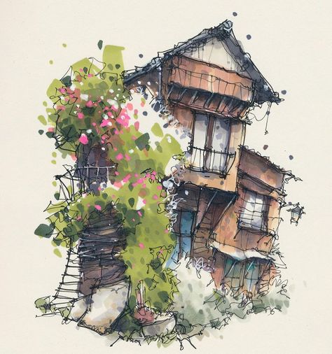 Albert Kiefer on Instagram: “Wooden house with flowering shrubbery Inspired by photography of @retrog19, used with permission. #sketch #mastersketchers #usk…” Watercolour Buildings, Albert Kiefer, Sketching Color, Sketching References, Arch Sketch, Marker Sketch, City Sketch, Watercolor Architecture, Peace Art