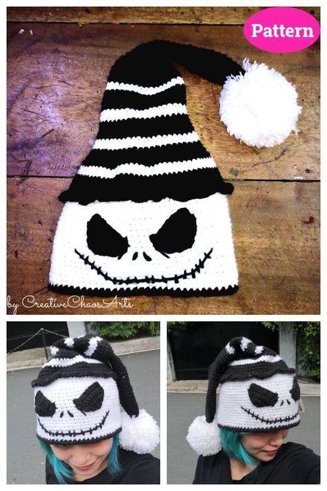 Santa Skeleton Hat Knitting Pattern Crochet Halloween Hats Free Pattern, Hats Crochet Patterns Free, Nightmare Before Christmas Knitting, Spiderman Hat Crochet Pattern Free, Jack Skellington Crochet Pattern Free, Crochet Halloween Hats, Crochet Skull Hat Pattern Free, Nightmare Before Christmas Hat, Crochet Jack Skellington Hat