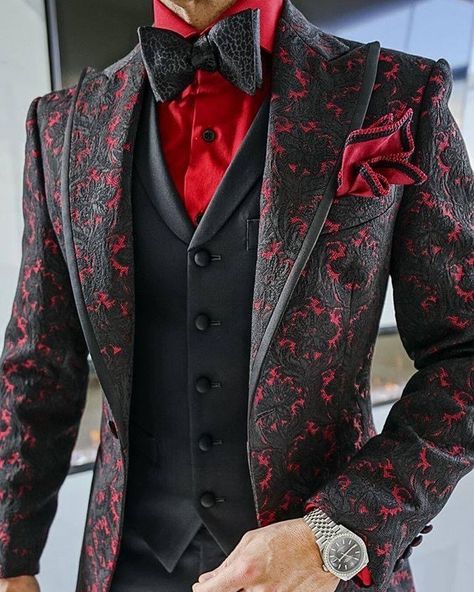 Black And Red Suits Men, Black And Red Tuxedo, Black And Red Tux, Masquerade Suit, Red And Black Suit, Black Prom Suits, Red Suits, Black And Red Suit, Long Suit Jacket