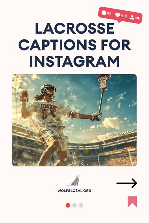 Lacrosse player in action with stick, text overlay "Lacrosse Captions for Instagram."
A checklist of motivational lacrosse-themed affirmations with emojis and a call-to-action button.
Promotional graphic with a woman on a laptop, advertising an Instagram engagement service, wolfglobal.org. Lacrosse Captions Instagram, Lacrosse Quotes Funny, Winner Quotes, Social Media Goals, Lacrosse Quotes, Lacrosse Goals, Game Stick, Catchy Phrases, Lacrosse Girls