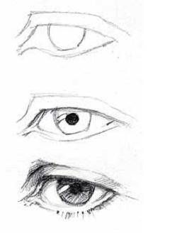 Draw the eyes almond-shaped, and made of several sections. Eyes are recessed into the head and have eyelids, eyelashes, the black pupil and the colored iris. Practice drawing the eye and each part of it.  Read more: http://www.ehow.com/how_4896014_draw-faces-beginners.html#ixzz2qBoAEMWF Akvarel Illustration, How To Draw Faces, Realistic Eye Drawing, Draw Faces, Desen Realist, Eye Drawing Tutorials, 얼굴 드로잉, Drawing Hair, Drawing Eyes