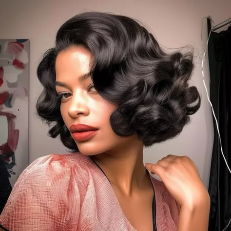 Vintage Inspired Finger Wave Curly Bob Short Vintage Curls, Short Pin Curl Hairstyles, Vintage Black Hairstyles, Finger Wave Bob, Short Curly Hair Wedding, Curly Vintage Hairstyles, Short Curly Wedding Hairstyles, 20s Curly Bob, 50s Short Curly Hair