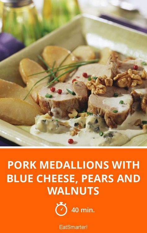 Pork Tenderloin With Pears, Pear Marinade For Pork, Pork Loin With Prunes, Walnut Blue Cheese Honey Pears, Pear Walnut Blue Cheese Salad, Walnut Whip, Walnuts Recipe, Pork Medallions, Canned Pears