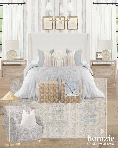 Bedroom Board Ideas, Light Blue Primary Bedroom, Light Blue Brown Bedroom, Coastal Aesthetic House, Masters Bedroom Interior Design, Neutral Gray Bedroom, Utah Bedroom, Transitional Modern Bedroom, Nyc Room