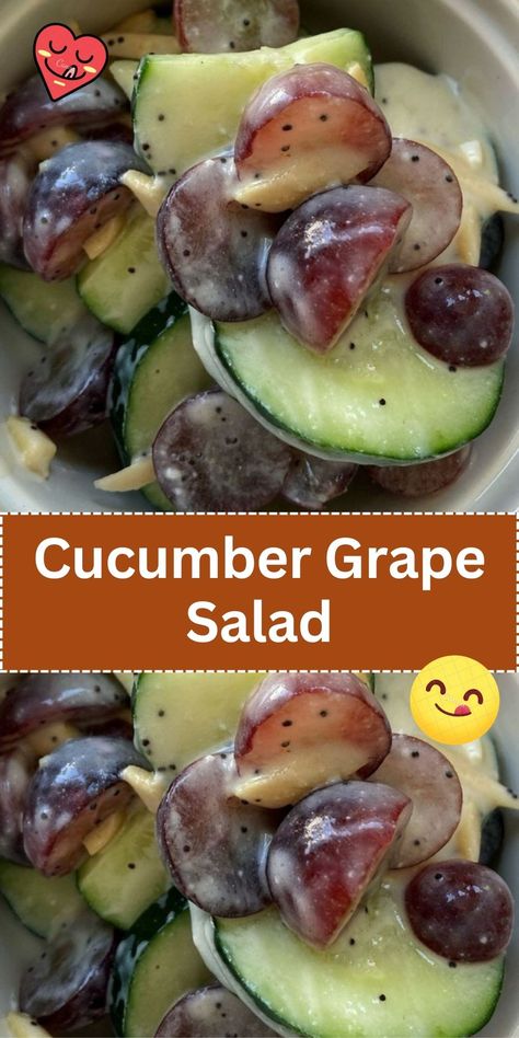 A light and refreshing salad combining crisp cucumber slices and sweet grapes. It's often dressed with a light vinaigrette or creamy dressing, making it a perfect side dish for warm weather. Grape Cucumber Salad Recipe, Cucumber Grape Salad, Grapes Salad, Beautiful Salads, Best Macaroni Salad, Cucumber Slices, Desserts Ideas, Beautiful Salad, Fresh Salad Recipes