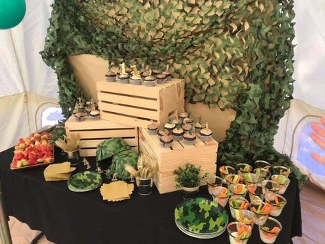 Camp Birthday Party Ideas, Army Party Decorations, Army Boot Camp, Camp Birthday Party, Boot Centerpiece, Swamp Theme, Camo Birthday Party, Camp Birthday, Engagement Party Themes