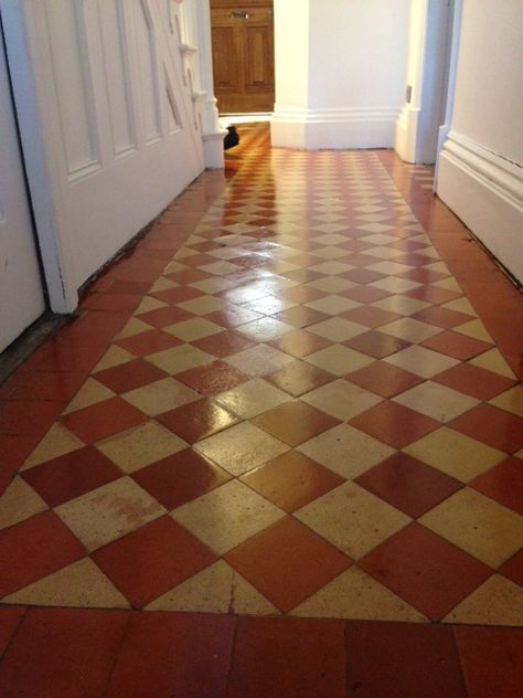 Red And White Tile Floor, Quarry Tile Hallway, 1920 Tile Floor, Edwardian Floor Tiles, Checkered Tile Floor Kitchen, Quarry Tiles Kitchen, Red Floor Tiles, Tiled Hallway Floor, Red Tile Floor