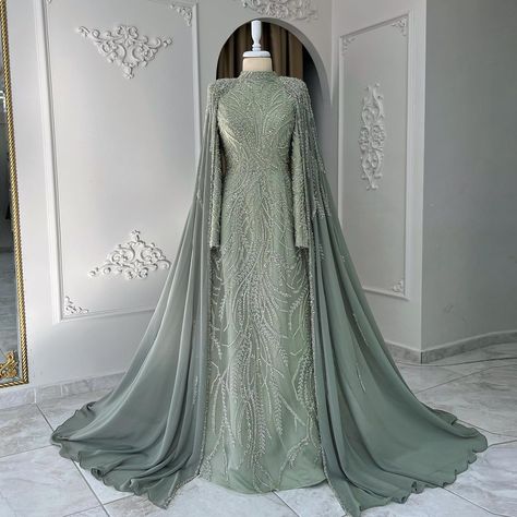 SS387 Luxury Beaded Sage Green Muslim Evening Dress with Cape Long Sleeves Arabic Dubai Women Wedding Party Gowns https://sharonsaiddress.com/products/sharon-said-luxury-beaded-sage-green-muslim-evening-dress-with-cape-long-sleeves-arabic-dubai-women-wedding-party-gowsn-ss387 #dress #dubaidress #mermaiddress #muslimdress #eveningdress #weddinggown Evening Dress With Cape, Custom Flower Girl Dress, Yellow Evening Dresses, Dubai Women, Silver Evening Dress, Purple Evening Dress, Champagne Evening Dress, Muslim Evening Dresses, Dress With Cape