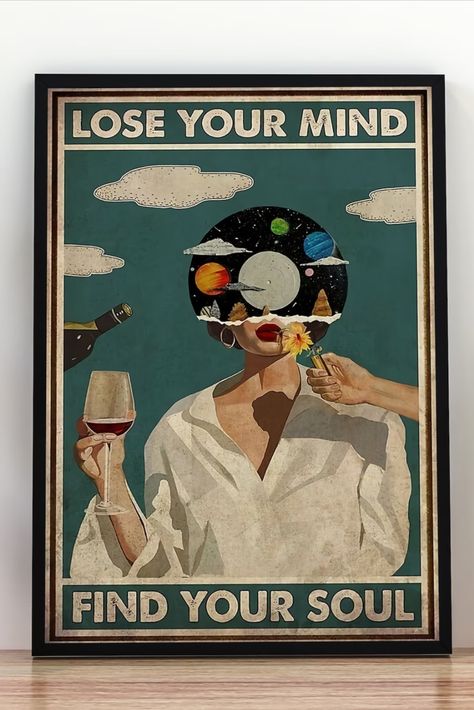 Music Vintage Poster, Lose Your Mind Find Your Soul Vintage Print, Girl With Wine, Gift For Girl, Wine Lovers Gift, Music Lovers Soul Poster, Find Your Soul, Girls Wall Decor, Maximalist Wall Art, Modern Room Decor, Mid Century Modern Wall Art, Lose Your Mind, Abstract Wall Decor, Wall Decor Pictures