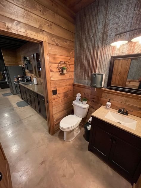 Garage Restroom Ideas, Basement Toilet Ideas, Guys Bathroom Ideas, Pole Barn Interior Ideas, Man Cave Bathroom Ideas, Pole Barn Man Cave, Mancave Bathroom, Shop Bathroom Ideas, Shed Bathroom