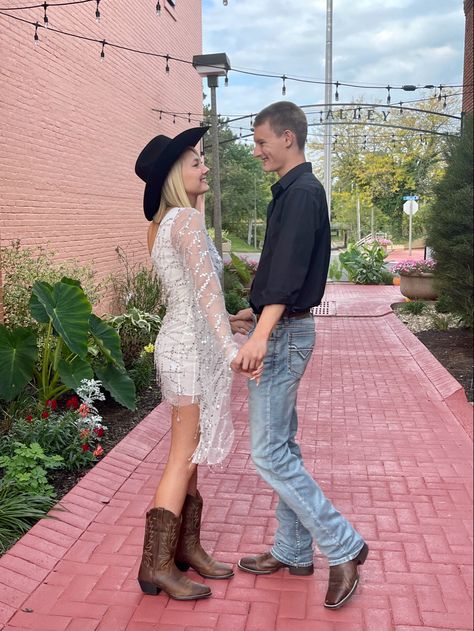 #homecoming #hoco #dress #homecomingdressesshort #whitedress #sparklydress #cowgirl #cowboy #cowgirlstyle #cowgirlboots Sparkly Dress And Cowboy Boots, Hoco Dresses With Cowboy Boots, Cowgirl Homecoming, Dress And Cowboy Boots, Dresses With Cowboy Boots, Hoco Dress, Cowgirl Cowboy, Cowgirl Hat, Sparkly Dress