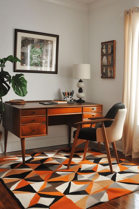 31+ Chic Home Office Ideas to Revamp Your Workspace Mid Century Workspace, Retro Study Room, Home Office Mid Century Modern, Chic Home Office Ideas, Mid Century Modern Office Design, 50s Office, Mid Century Modern Desk Chair, 70s Desk, Mid Century Office Desk