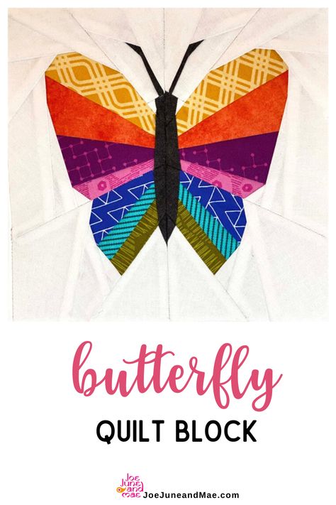 Are you looking for a Butterfly Quilt Block Pattern? Grab this colorful quilt block patterns now! This quilt pattern includes a colored and a blank overview for you to color yourself! #joejuneandmae #quiltblock #quiltproject #quiltpattern #quilting Butterfly Quilt Block Pattern, Butterfly Quilt Block, Spring Sewing Projects, Butterfly Quilt Pattern, Quilt Blocks Easy, Quilted Projects, Colorful Quilt, Foundation Paper Piecing Patterns, Scrappy Quilt Patterns