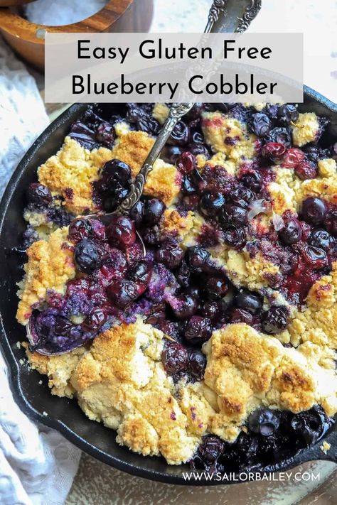 Delicious gluten free blueberry cobbler made with simple and minimal ingredients. Fresh blueberry and citrus lemon in each bite. Eat as is or top with vanilla ice cream.  via @sailor_bailey Gluten Free Cobbler Recipe, Gluten Free Strawberry Cobbler, Gluten Free Blueberry Cobbler, Gluten Free Cobbler, Sailor Bailey, Delicious Banana Bread Recipe, Cobbler Topping, Blueberry Desserts, Blueberry Cobbler