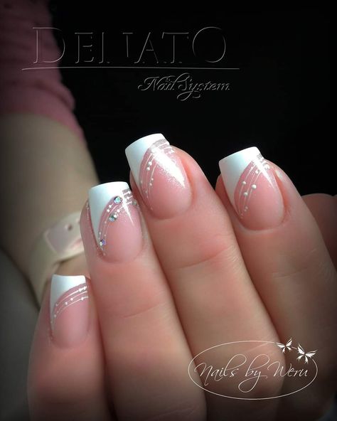 Fancy French Nails Wedding, French Manicure Rhinestone Nails, French Nail Art Designs Classy, French Tip Nails With Design Glitter, French Nails Ideas Art Designs, French Nails With Sparkle, Wedding French Nails, Fancy French Tip Nails, Different French Manicure Ideas