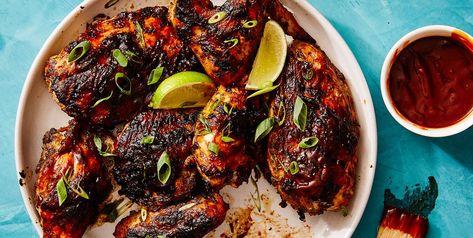 Authentic Jerk Chicken Recipe, Jerk Chicken Recipe, Basting Sauce, Jamaican Jerk Chicken, Jamaican Jerk, Rice And Peas, Dark Meat, Jerk Chicken, White Meat