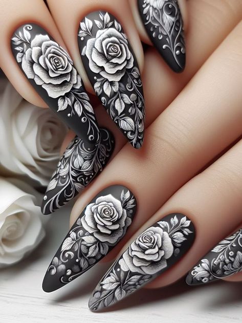 A monochromatic floral nail design with intricate rose motifs and delicate vine patterns, exuding romance and femininity Black Rose Design, Floral Nail Design, Black And White Nail Designs, Hand Painted Nail Art, Floral Nail Designs, Floral Nail, Painted Nail Art, Almond Nails Designs, White Nail Designs