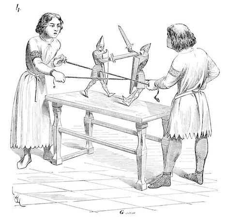 Two boys play with puppets representing fighting knights with shields and swords. A rope goes through the toy knights' bellies, allowing the children to mimic a sword fight. Old Book Illustrations, Gothic Drawings, Sparrowhawk, News Reporter, Architecture Sketchbook, Two Boys, Paris Shopping, Boys Playing, Book Illustrations