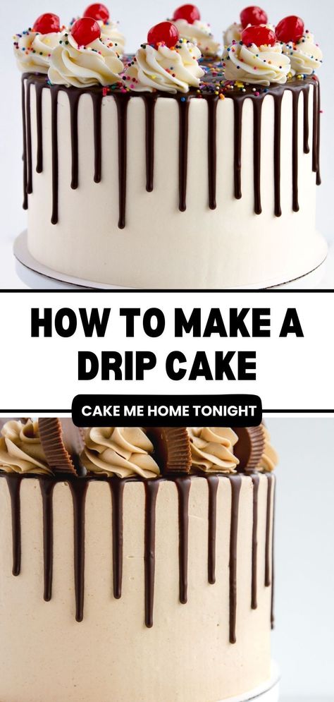 Learn how to make a drip cake step by step, as well as tips and tricks to make the best drip. Chocolate Drip For Cake, Chocolate Drip Cake Recipes, Chocolate Ganache Drip Recipe, How To Drip Cake, Chocolate Topping For Cake, How To Make Dripping Icing, Diy Cake Drip, Fall Drip Cake, How To Make A Drip Cake Step By Step