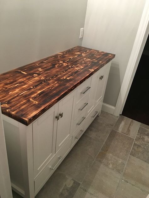 Wood burned countertop. Love! Christopher Jones Designs. Burnt Wood Cabinets, Burnt Cabinets Kitchens, Burned Wood Countertop, Wood Burned Cabinets, Burnt Wood Countertops, Fun Flooring, Whitewash Kitchen Cabinets, Diy Wood Countertops, Burnt Wood Finish