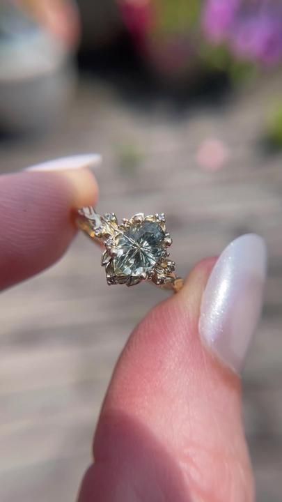 Enchanted Ring Aesthetic, Engagement Rings Colored Diamond, Green Engagement Ring Aesthetic, Crystal Wedding Ring Aesthetic, Alternative Stone Wedding Rings, Vintage Crystal Engagement Rings, Engagement Rings Alternative Stones, Wedding Rings Not Diamond Stones, Engagement Rings Crystal Stones