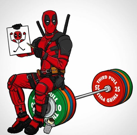 Deadpool weightlifting  - Source Instagram   Art Illustration By #nothinghappenedtoday #Deadpool #LiftingWeights #WeightLifting #DoYouEvenLift Gym Wallpaper, Gym Art, Gym Tees, Captain Morgan, Fitness Art, Anti Hero, Cartoon Character Pictures, Gym Memes, Workout Plan Gym