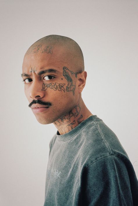 The Law of Attraction — WÜL MAGAZINE Bald Actors, Bald Head Tattoo, Mens Face Tattoos, Mustache Drawing, Bald Men Style, Mustache Men, Blackout Tattoo, Aesthetic Outfits Men, Tattoo Magazines