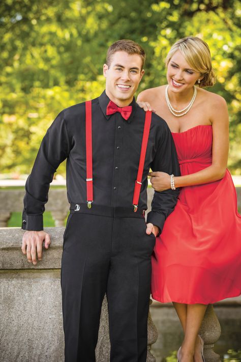 Huge colorful selection for Homecoming this year. BELMEADE IS A JIM’S FORMAL WEAR RETAILER Tux With Suspenders, Red Bow Tie And Suspenders, Black Suit Red Tie, Suit With Red Tie, Red Dress Shirt, Navy Blue Wedding Theme, Wedding Kids Outfit, Prom Tux, All Black Suit